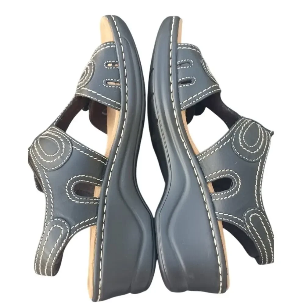 Clarks Collection Black Comfort Sandals Hook Loop Wedge Wide 8.5 26065776W